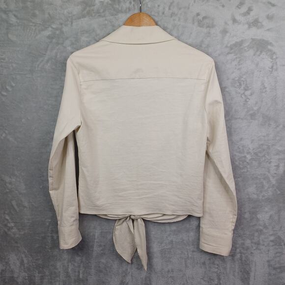 Preston & York Linen Blend Blouse Women M Beige Button Tie Front Capsule Long Sl - Picture 9 of 13